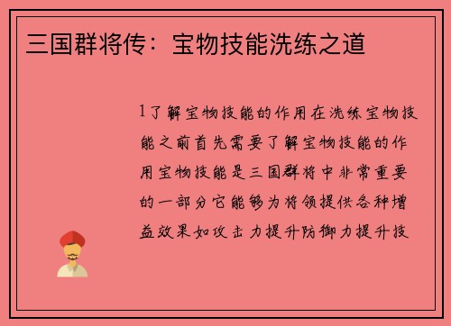 三国群将传：宝物技能洗练之道